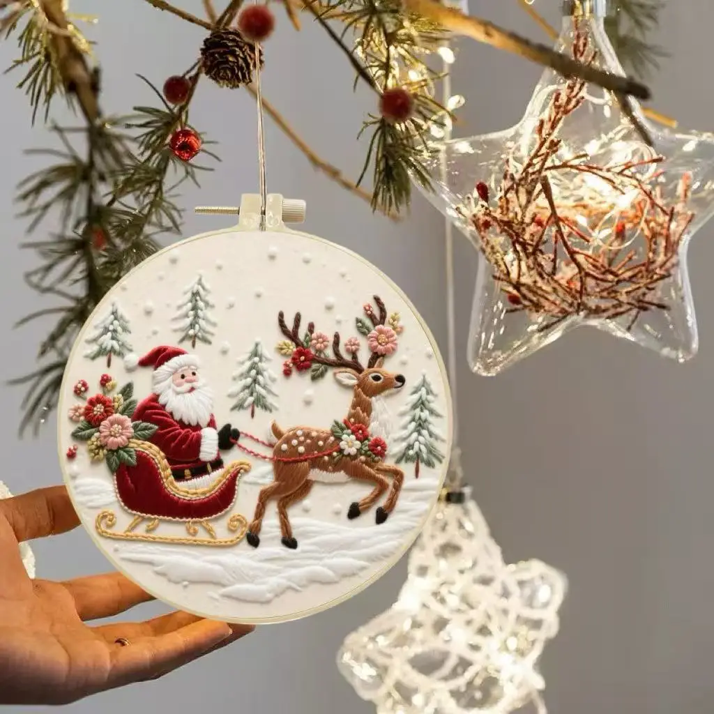 A Complete Christmas Reindeer Santa Claus Pattern Hand-Embroidered DIY Set, Which Includes Needles, Threads, Printed Fabric, Emb