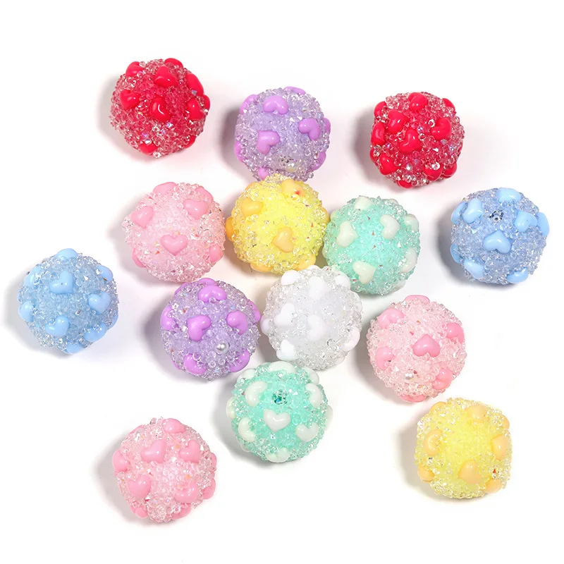 Fresh New Oil Drop Love Heart Decorated Round Candy Seed Rhinestones Paved Gumball Bubblegum Jewelry Beads for DIY 20pcs 18mm