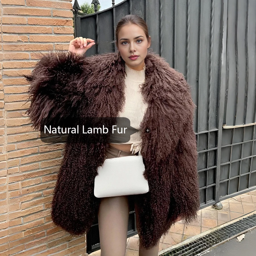Natural Mongolian Lamb Fur Jackets Long Lamb Coats Women Fashion Luxury Womens Rabbit Coat With Lapel