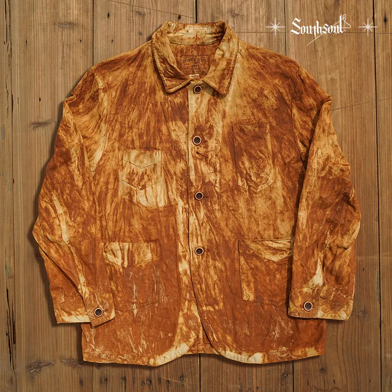 American Retro Heavy Cotton Handmade Rust Dyed Railway Workwear Jacket Multi-Pocket Grass Dyed Leisure Suit Men