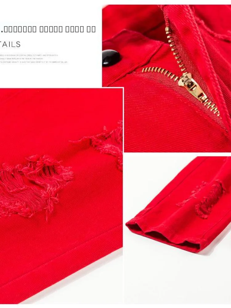 Jean rouge taille haute à jambe droite pour femmes, poinçonnage de trous, amincissant, grande taille, neuf Points, pantalon Harlan pour femmes, décontracté en coton St...