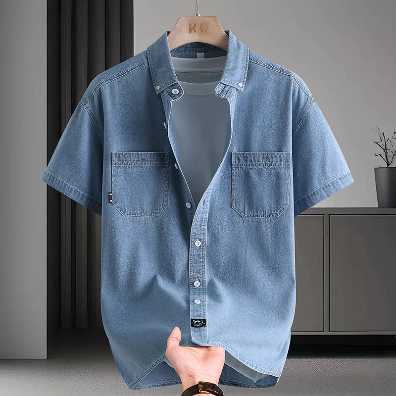 

Summer Men's Denim ort Sve irt Casual Loose Faionable Top Youth Urban Sle Five-Quarter Sve Flip-Collar Color