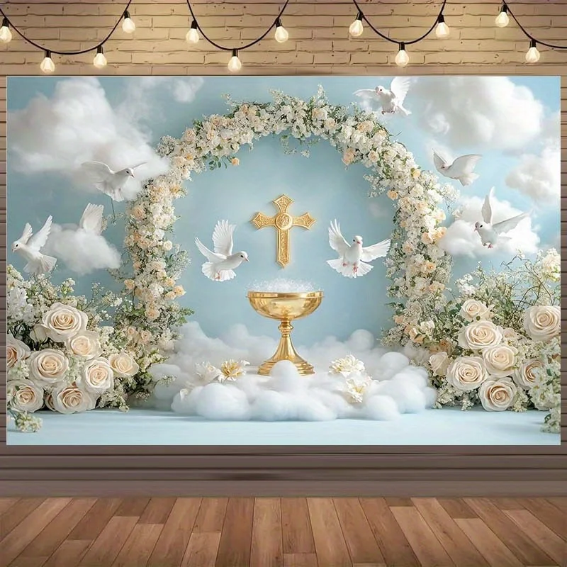 1 لافتة ثنائية الأبعاد، عقيق ذهبي، حمامة بيضاء وقوس زهور - زينة لحفلات الزفاف والحفلات، مناسبة للمعمودية، المناولة الأولى