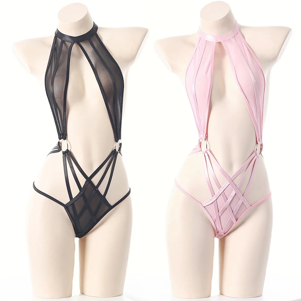 

Black Hanging Neck Swimsuit Hollow Net Lingerie Women Sexy Mesh Bandage Bodysuit Temptation Pajamas Costume