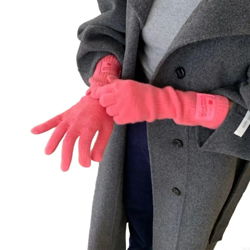 D0UD Knitted Candy Color Gloves Winter Full Finger Mittens Stretchy Warm Gloves with Lengthen Wrist Cuffs for Girls Teens