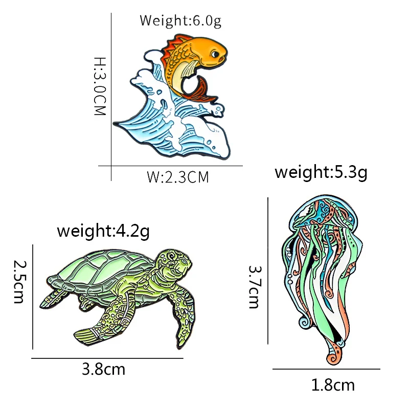 Cute Green Turtle Tortoise Jellyfish Brooches Fish Goldfish Sea Animal marine organism Lapel Pin Badge Jewelry Gift Kids Friends