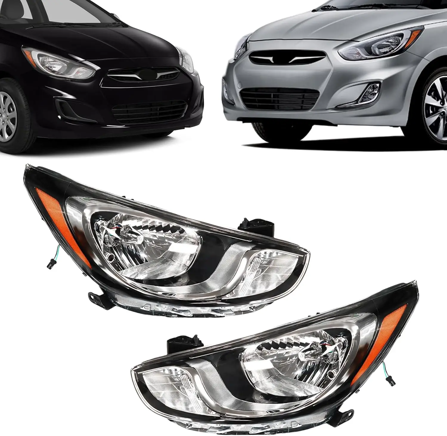 Compatible with 2012-2014 Accent Sedan Halogen Headlight Assembly, No DRL, 5-Pin Connector, Clear Lens, Black Housing, Driver an