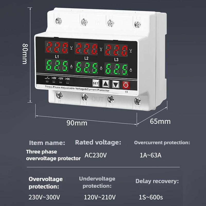 3 Phase Adjustable Over and Under Voltage Protector Voltmeter Ammeter Monitor Relays 3P4W Din Rail Current Limit Protection