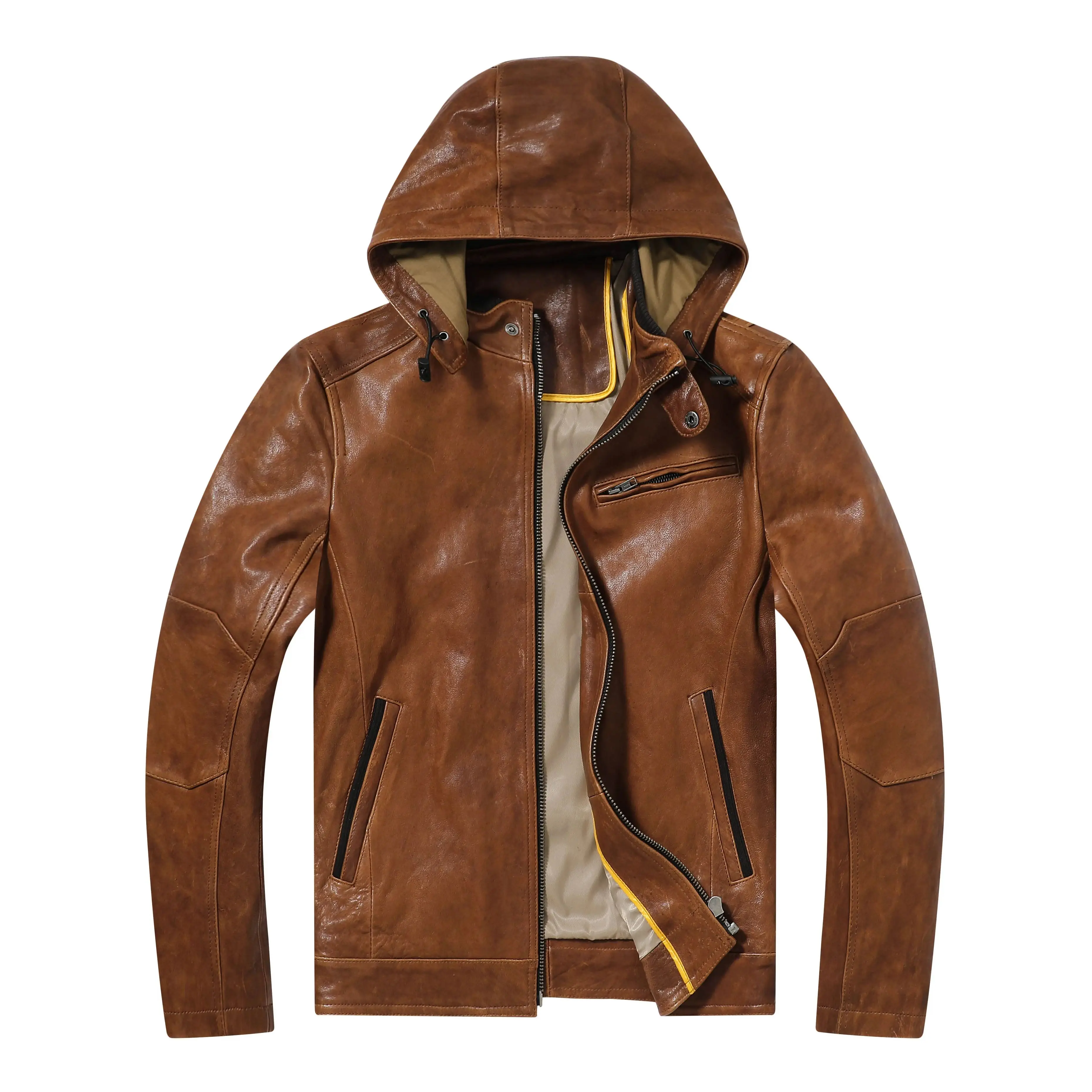 Genuine Leather Jacket Vegetable Tanned Sheepskin Men\'s Motorcycle Riding Jacket Detachable Hooded Slim Fit Short Jacket