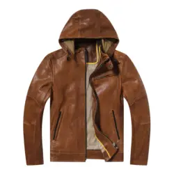 Genuine Leather Jacket Vegetable Tanned Sheepskin Men's Motorcycle Riding Jacket Detachable Hooded Slim Fit Short Jacket