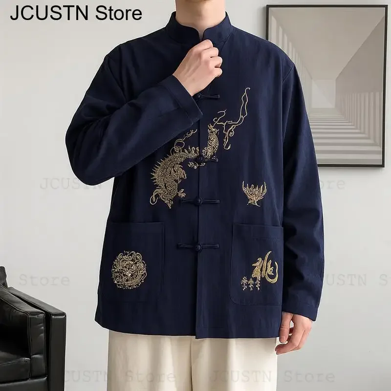 

Man Tradition Tang Clothes Hanfu Jacket Embroider Dragon Shirt New Chinese Style Top Autumn Spring Long Sleeve Qipao Top