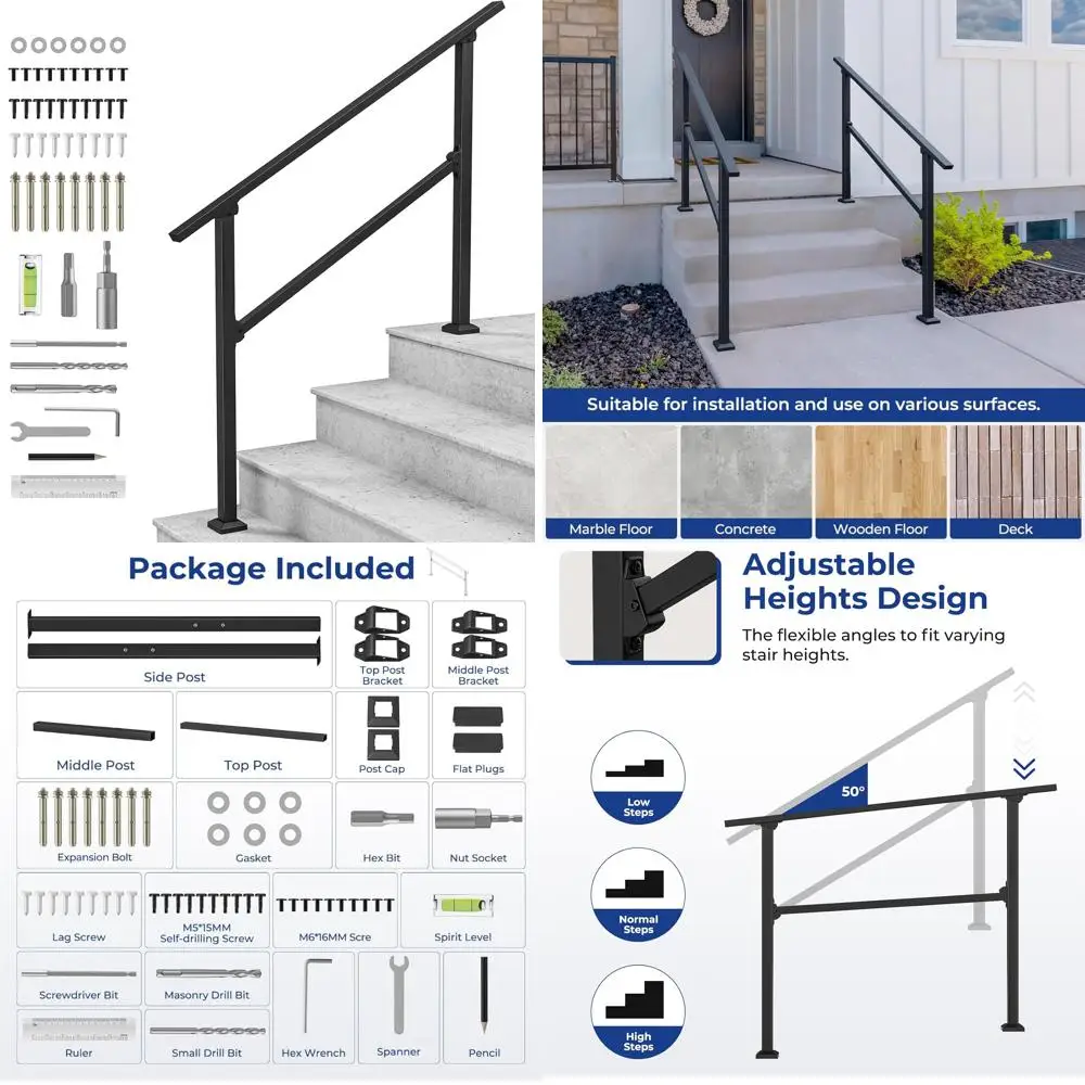 درابزين من الحديد المطاوع في الهواء الطلق لـ 3-4 خطوات، درابزين الشرفة، مناسب لخطوات الخرسانة، متين وأنيق لمنزلك