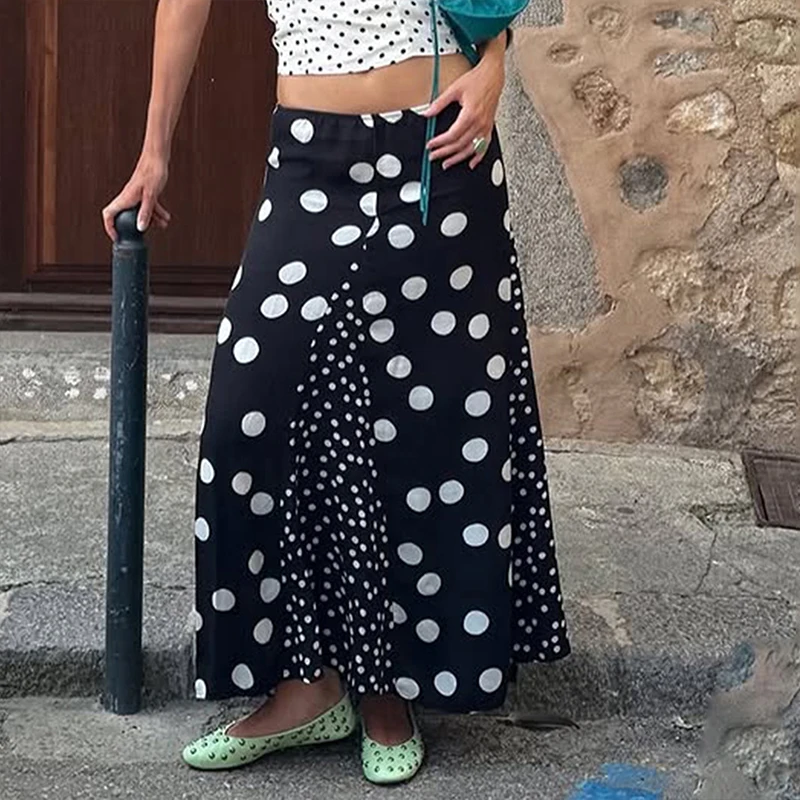 OMSJ Women's French Retro Polka Dot Printed Color Blocked Half Skirt 2025 Casual Fashion Middle Waist Pleated Midi Skirt Holiday