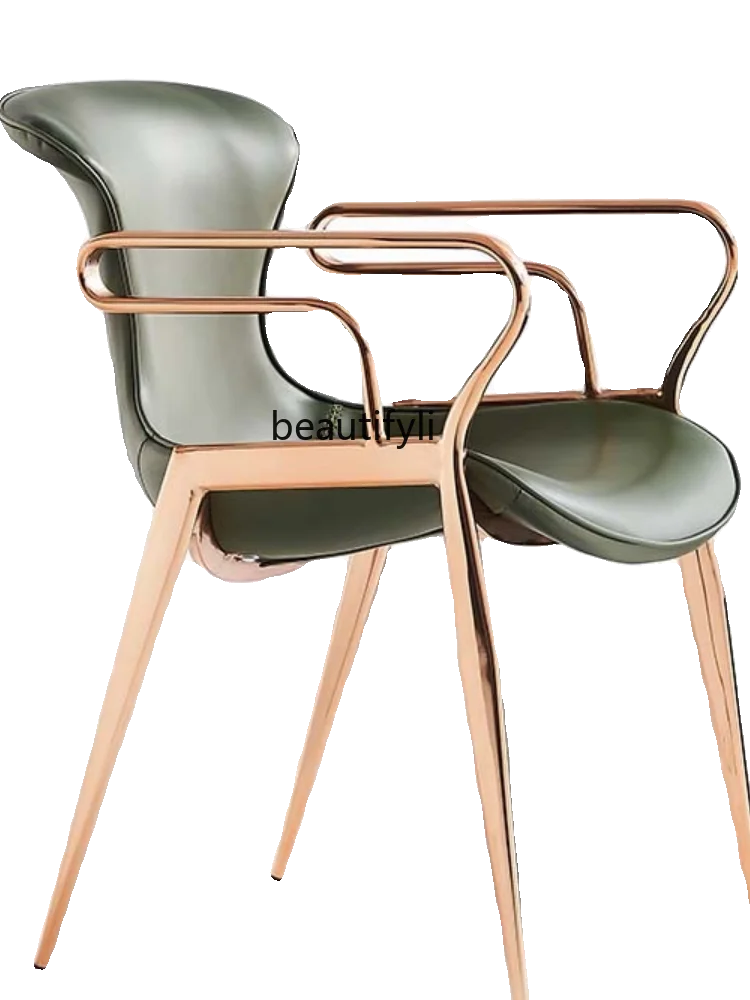 Stainless Steel Armrest Model Room Meeting Chair Light Luxury Italian Dining Chair Saddle Leather Home Dining Chair