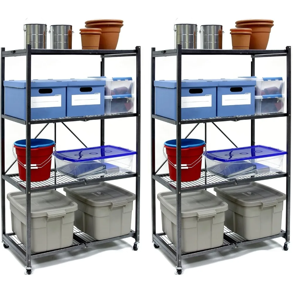 

2-Pack R5 Series Foldable 4-Tier Steel Storage Rack, Pewter – Heavy-Duty Metal Shelving Unit w/ Removable Wheels for Laundry Ro