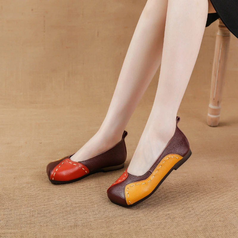 

Timeless Ethnic Patchwork Leather Ballet Flats Women's Hand Stitched Square Toe Soft Moccasins Comfy Loafers All Day Wear Shoes