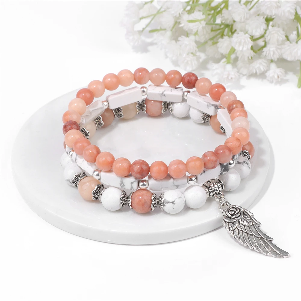 3pcs/set Multicolor Pink Zebra Beads Bracelet Women Natural Stone Quartz Crystal Rose Wing Pendant Bracelets Girls Jewelry Gift image 4