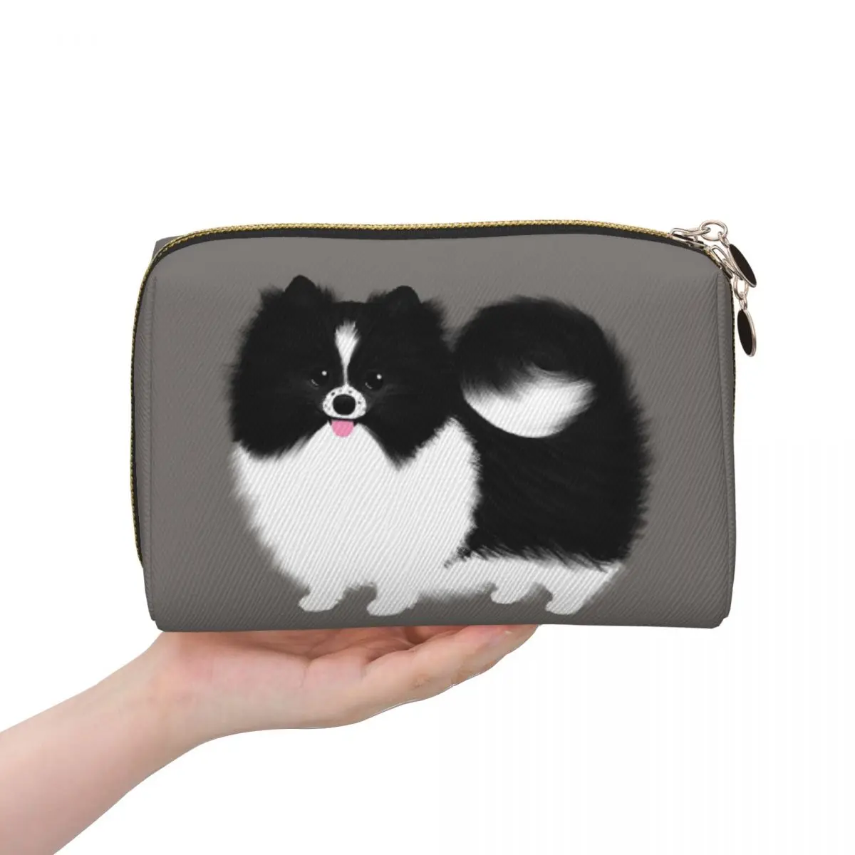Black And White Parti Pomeranian Fluffy Dog Women Cosmetic Bag Travel Makeup Organizer Pouch Toiletry Storage Dopp Kit Case