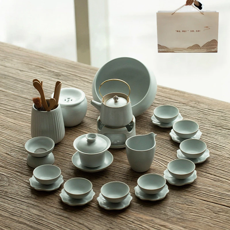 Household Ru kiln kung fu tea set teacup ceramic dry brew tea tray Japanese style complete set of simple