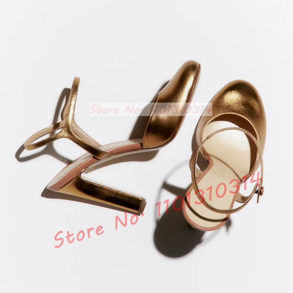 Lovely Round Toe Block Heel Sandals Women Casual Party Nude Gold Metallic High Heels Ladies Nifty Luxury Ankle Strap Solid Shoes