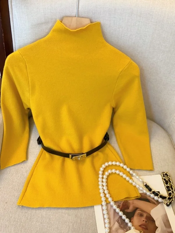 Slim Fit haute Ne tricot pull Base irt femmes automne hiver ceinturé sept Sve à capuche couleur doux Sle chinois fait