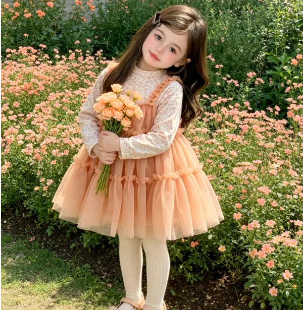 Girls' Suit 2026 Autumn and Winter New Children's Wear Korean Style Girl Baby Sweet Floral Bottom Shirt Mesh Dress Two-piece Set