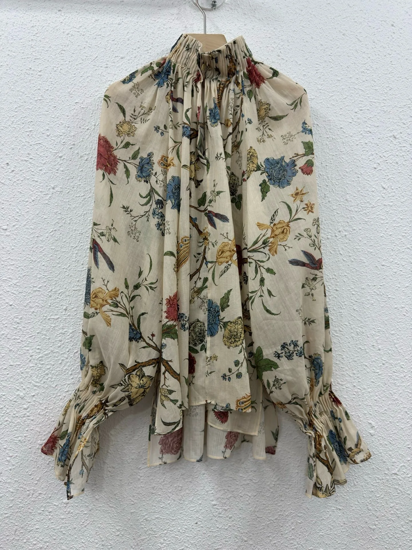 

100% Ramie Bohemian Floral Print Blouse Women High Neck Pleated Long Sleeve Loose Elegant Casual Wear High Quality Vintage Tops