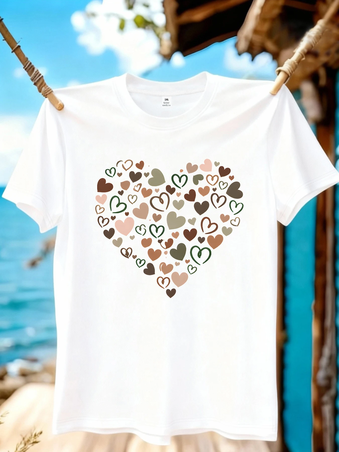 

【WZM10982】Женская футболка больших размеров с креативным принтом в виде сердечек, круглым вырезом, короткими рукавами, в уличном стиле, универсальная, для лета.