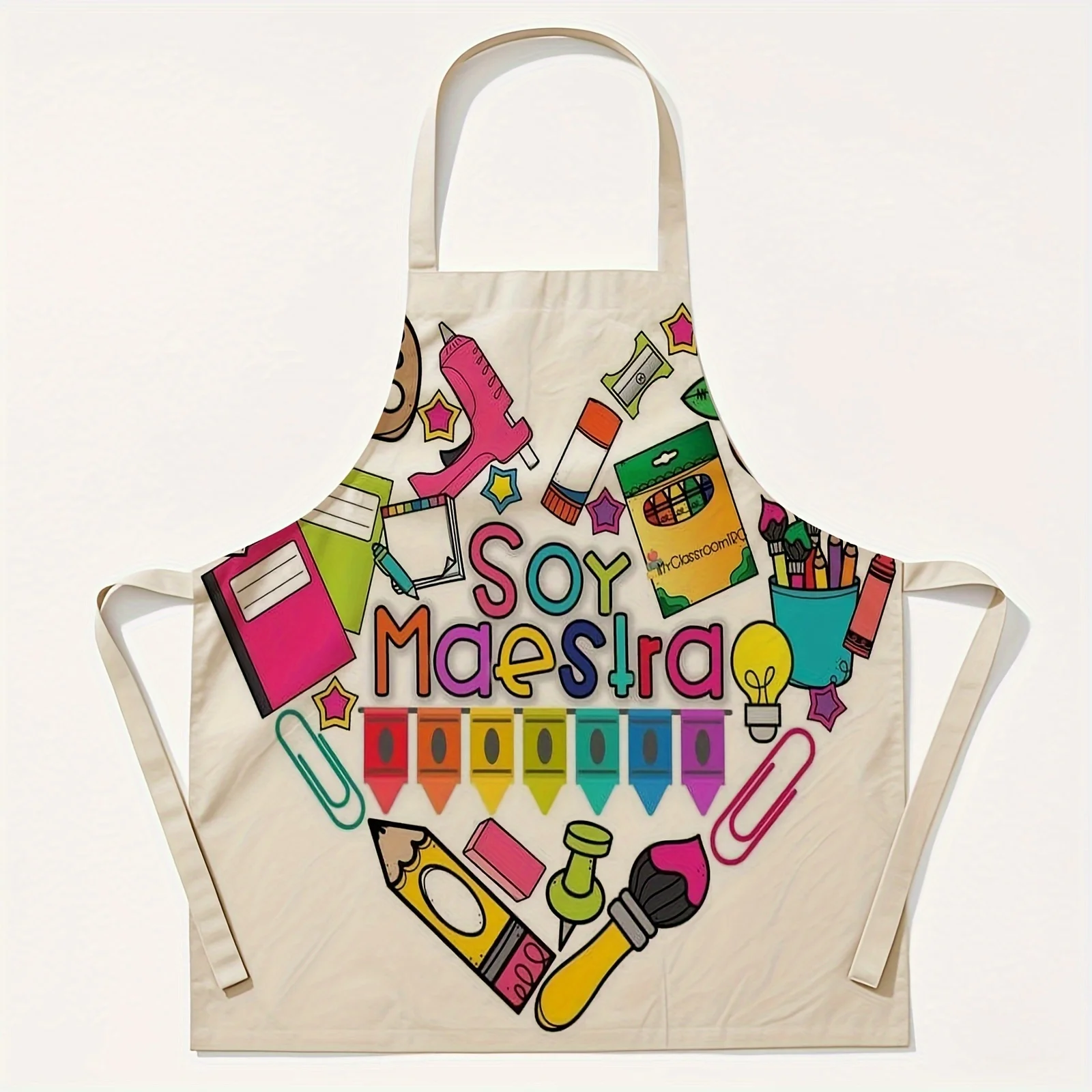 Soy Maestra Teacher Appreciation Apron  Colorful School Supplies Graphic Linen Bib for Women Educators Classroom Cooking Baking