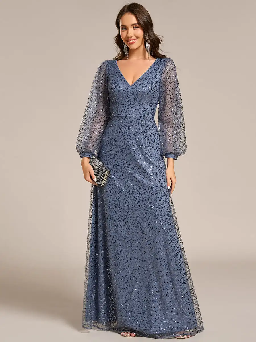 

Gorgeous Evening Dresses V-neck long sleeve Floor length 2025 Ever Pretty of Sequin Dusty blue Formal Evening Dress