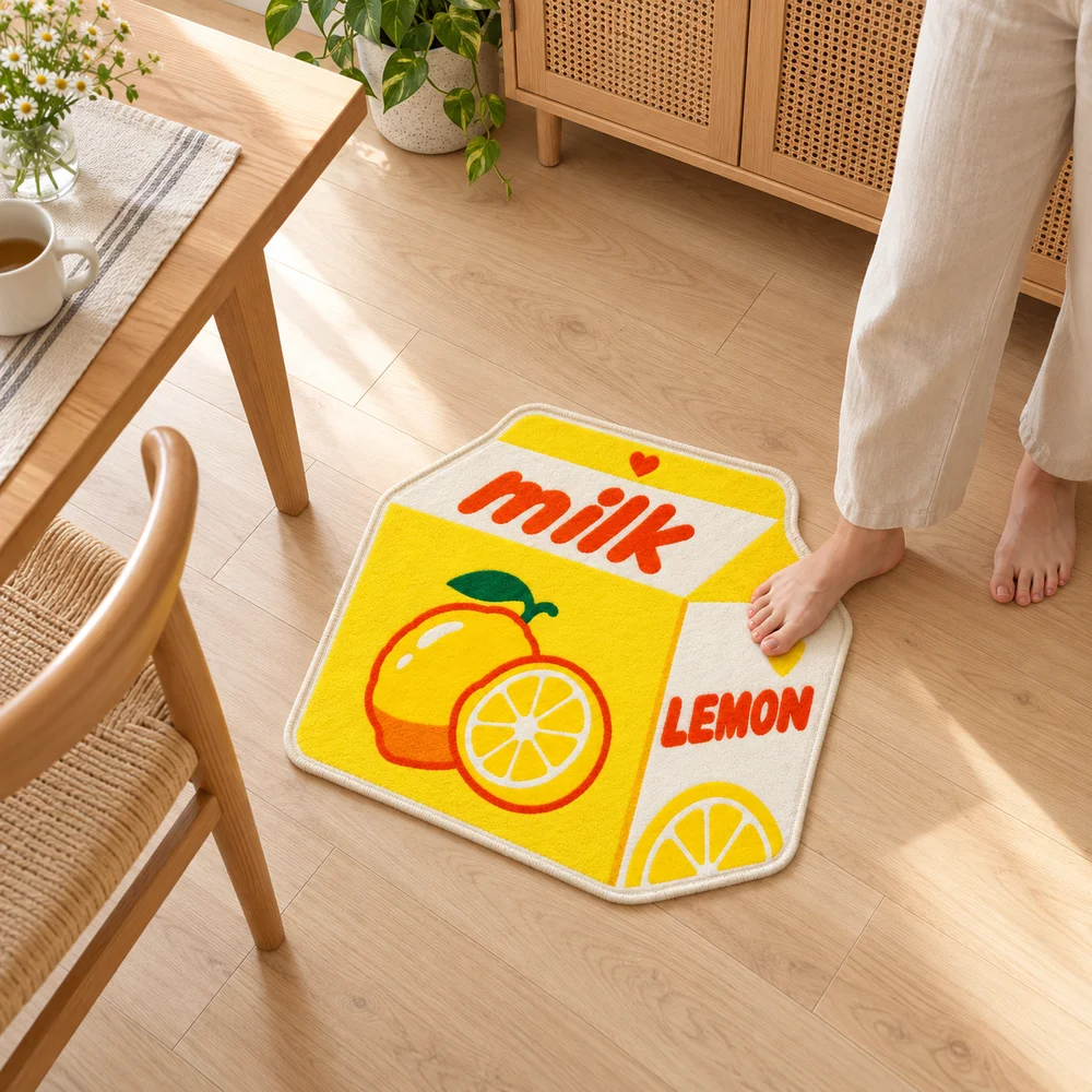 Lemon Milk Carton Shaped Area Rug, Yellow Fruit Irregular Flannel Floor Mat for Kitchen Bedroom Entryway Home Decor Gift