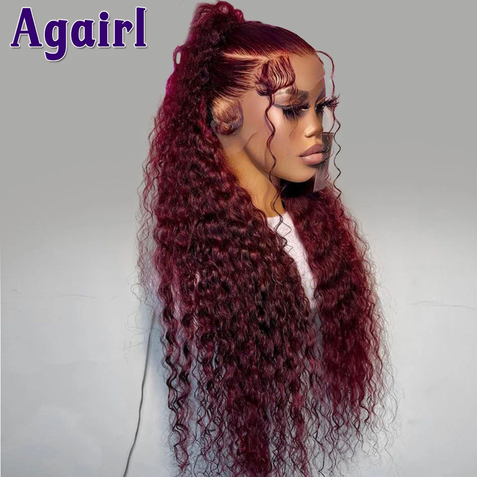 Perucas de cabelo humano encaracolado, 99J, vermelho escuro, Borgonha, Kinky, 13x4 Lace Frontal Perucas, Onda de água brasileira, 6x4 Encerramento, 99J