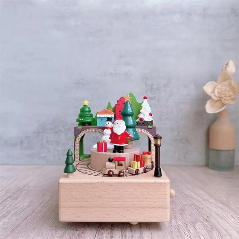Santa Claus Train Music Box Wooden Rotating Music Boxes Desktop Ornaments Christmas Birthday Gift Home Decoration