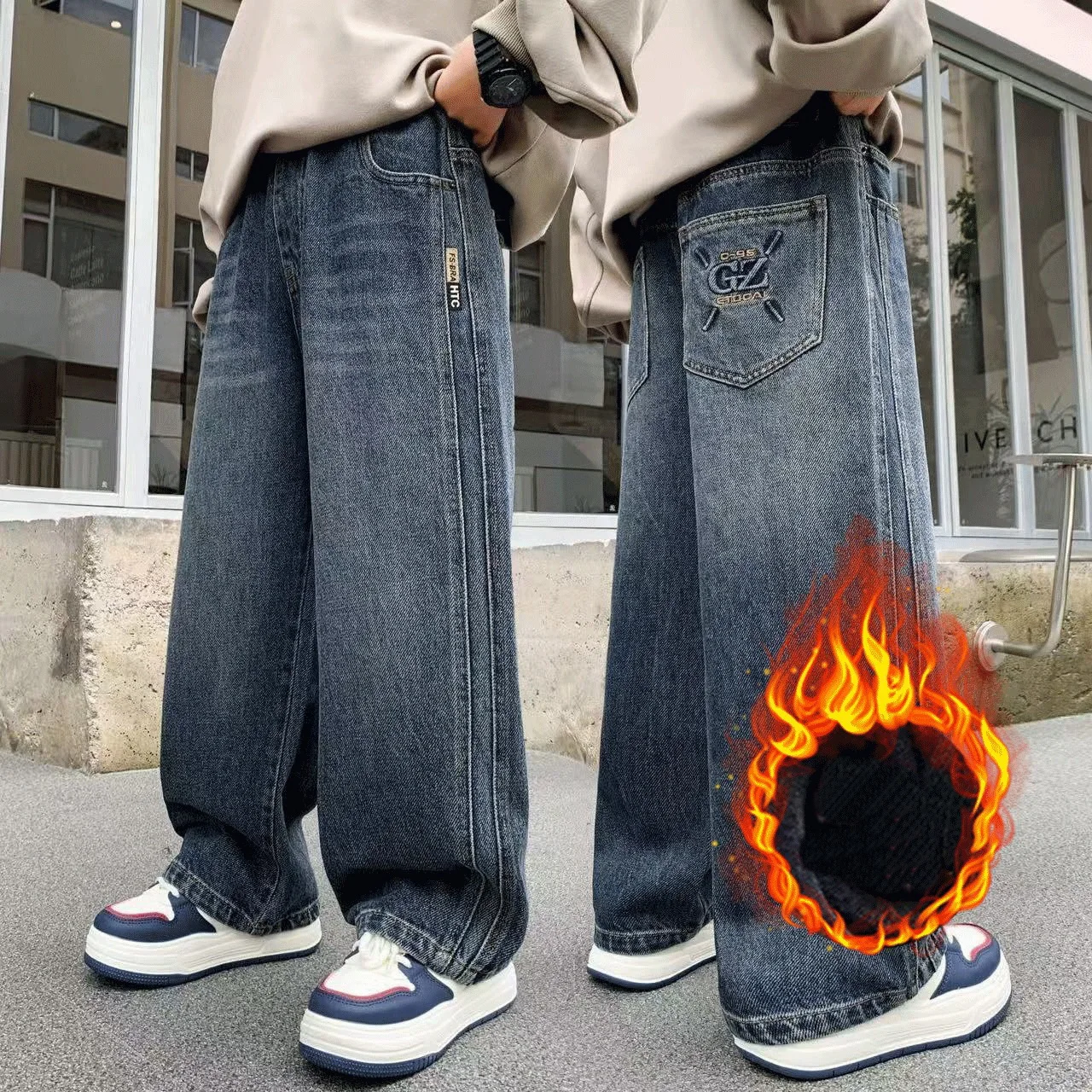 Kids Boy Winter Warm Slim Straight Insulated Jeans with Side Stripes Elegant Children Grey Color Thick Thermal Denim Pants 4-14Y