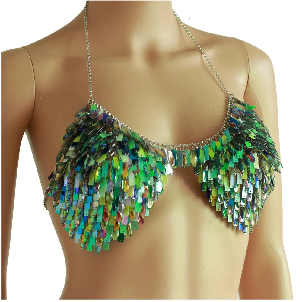 Chran Mermaid Green Sequins Halter Top Women's Sexy Body Chain Shiny Chest Bikini Bra Backless Lingerie Jewelry Party Dresses