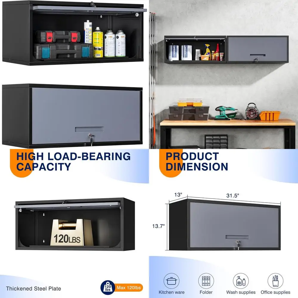 

Wall-Mounted Metal Garage Cabinet, Tool Storage for Garage, Basement, Kitchen, Warehouse - Black/Gray, 13.7 Height