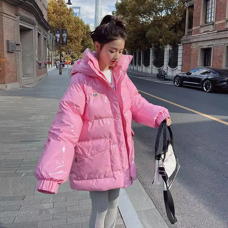 Pink Glossy Down Cotton-padded Jacket Women 2024 Winter New Loose Thick Parka Coat Casual Hooded Medium To Long Outerwear