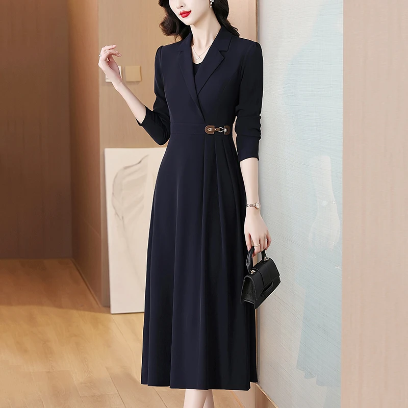 Women Autumn Winter Chiffon Dresses Suit Collar Long Sleeve Female Large Size M-3XL Elegant A Line Navy Blue Calf Length Vestido