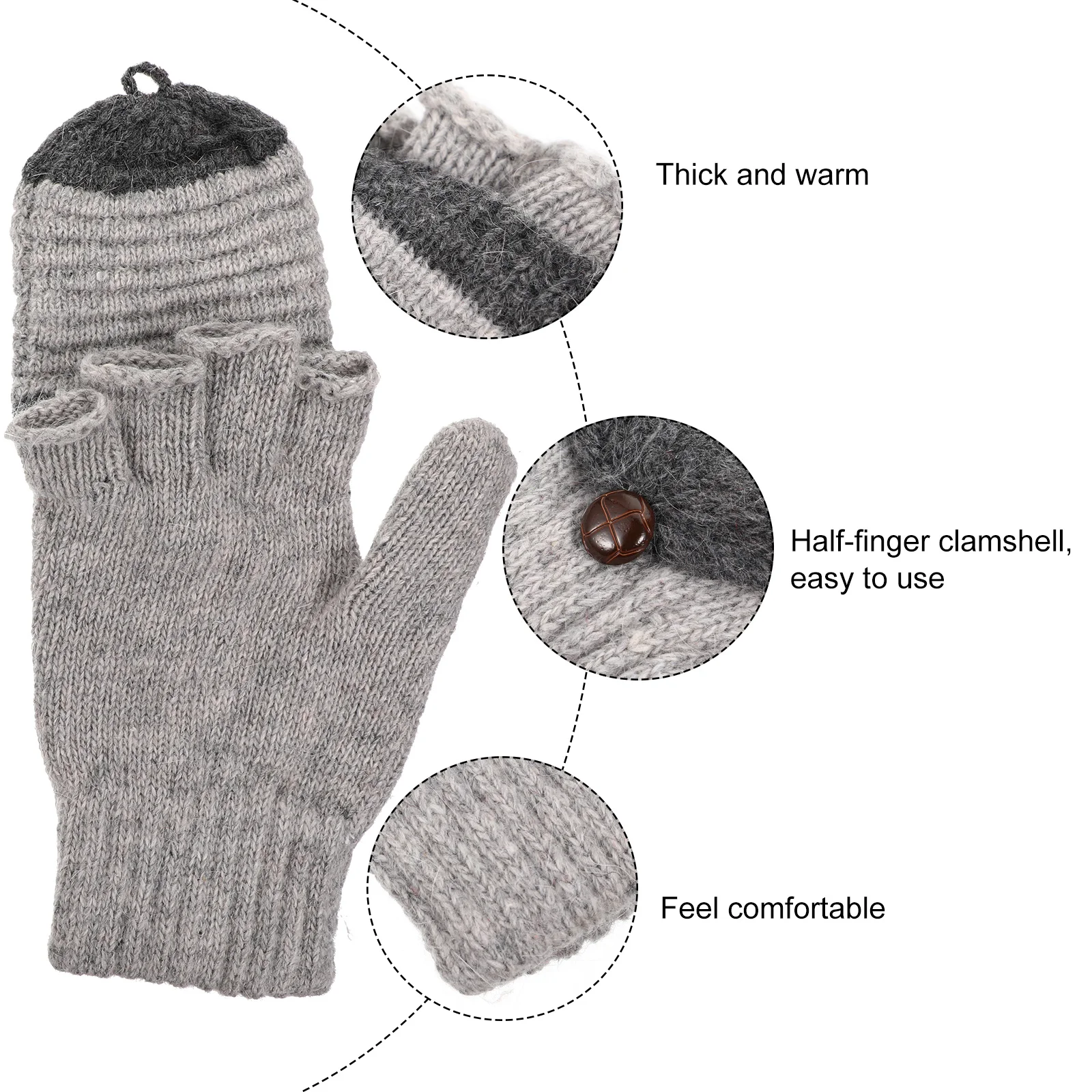 1Pair Winter Warm Convertible Gloves Women Mitten Half Finger Knitted Gloves Clamshell Design Soft Durable Convertible Mittens
