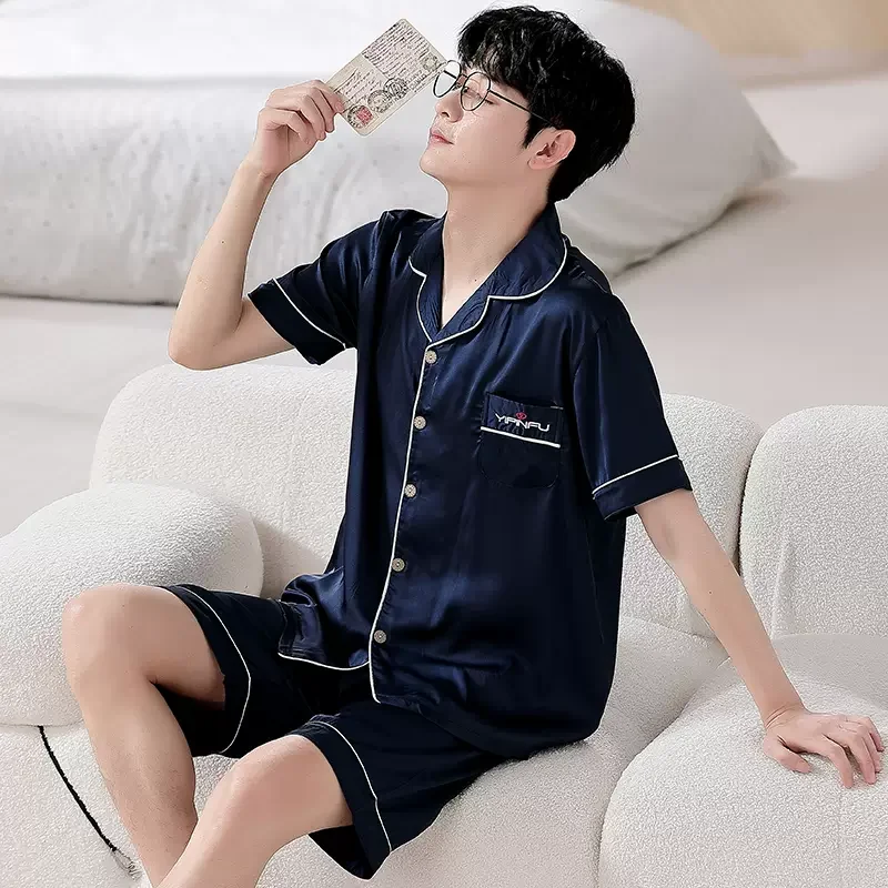 

Pajamas Men's Summer Ice Silk Pajamas Short Homewear Thin Cartoon Oversized Suit Silk Pajamas Casual Sleepwear Men Pyjama Set