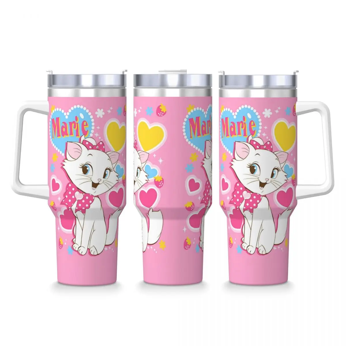 Cartoon Pink Marie Cat Stainless Steel Tumbler Kawaii Thermal Mug With Straws and Lid 40oz Car Mugs Hot Drinks Water Bottle