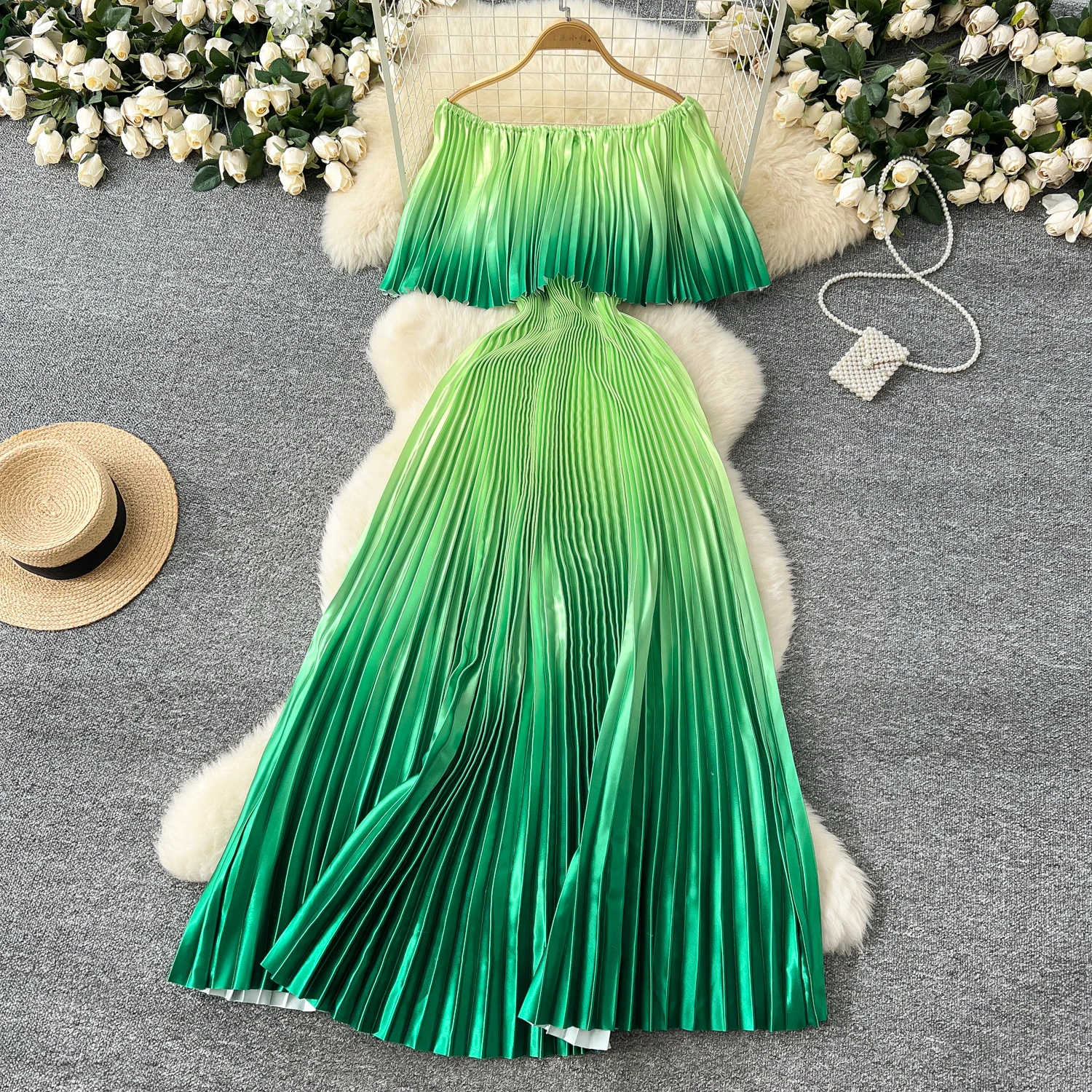 French elegant pleated patchwork slash neck retro gradient dress chiffon fairy long Dress casual women's fashion clothing