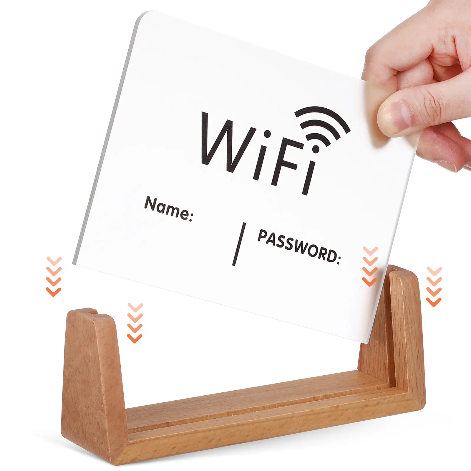 Desk WiFi Password Sign Acrylic Transparent Board Mounted on Natural Wood Stand for Hotels Offices Cafes Easy Guest Connectivity