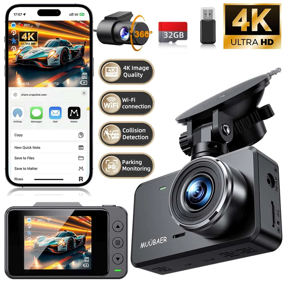 

Видеорегистратор 4K с Wi-Fi 5G, передняя и задняя камера 4K+1080P, экран 2 дюйма, ночное видение, 170 ° Широкоугольный, WDR, режим парковки 24 часа