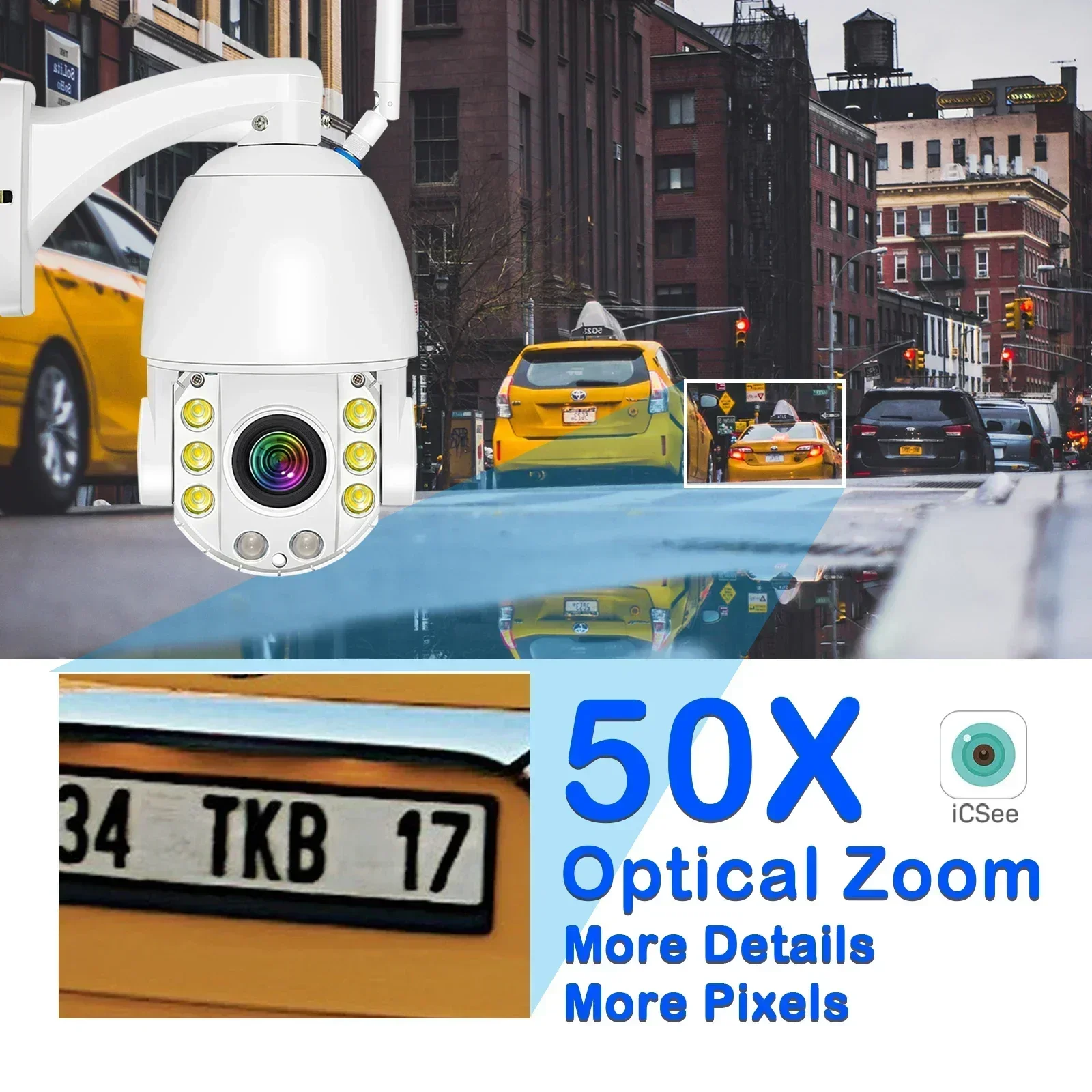 معدن 50X زووم بصري 4K WIFI كاميرا مراقبة 8MP 128G TF بطاقة لاسلكية فيديو الأمن كاميرات IP في الهواء الطلق قبة CCTV iCSee