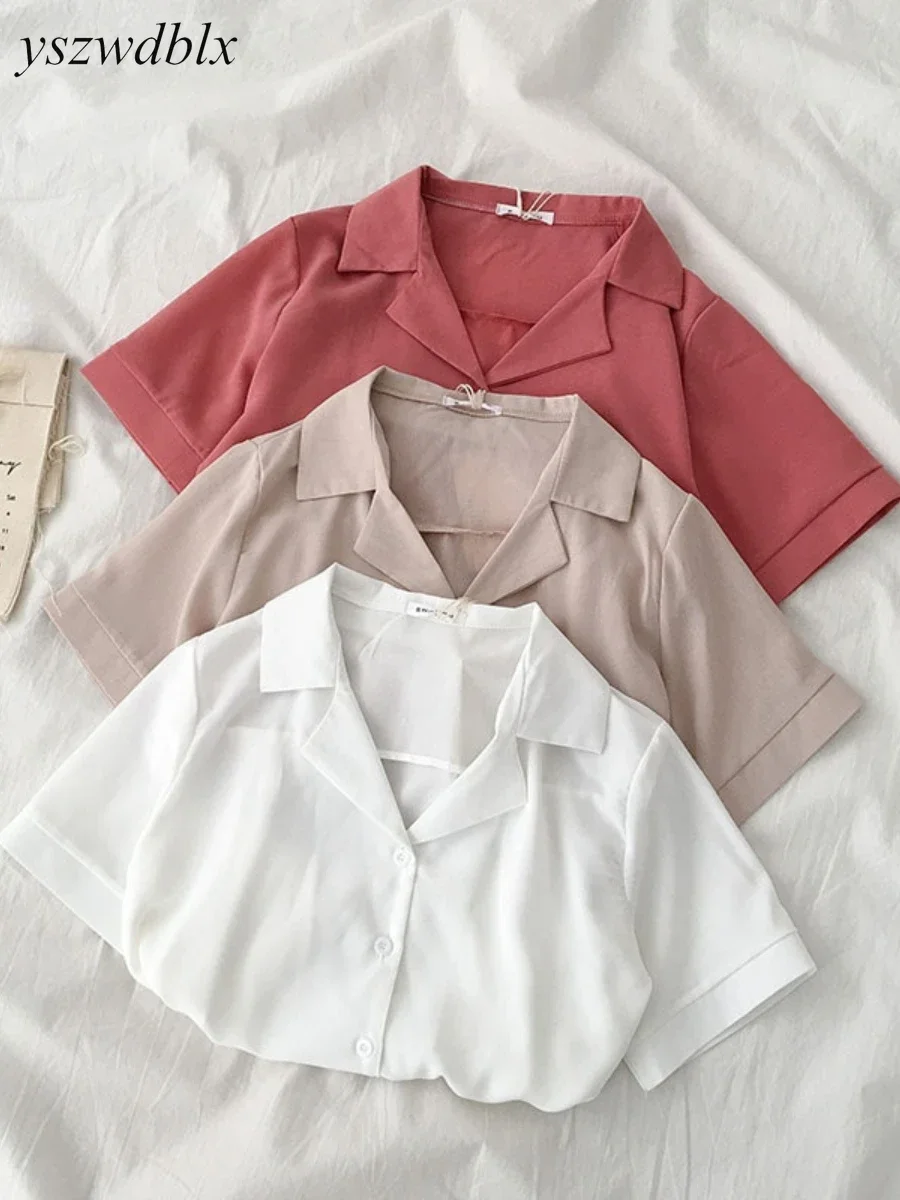 YSZWDBLX-Chemise à Manches Courtes en Mousseline de Soie pour Femme, Blouse Décontractée, Couleur Unie, Col Rabattu, Style Coréen, Blanc, Rose, Été,