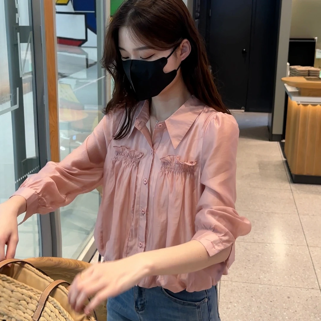 Womens Spring French Style Pleated Polo Neck Long Sleeve Blouse Sweet Design Sense Niche Fashion Top