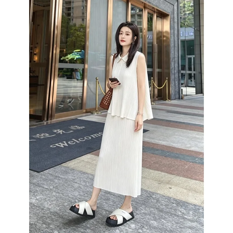 Miyake Pleated 2026 New Summer Elegant Mature Style Sleeveless Top and Skirt Set for Women Summer Textured Relaxed Two-Piece Set