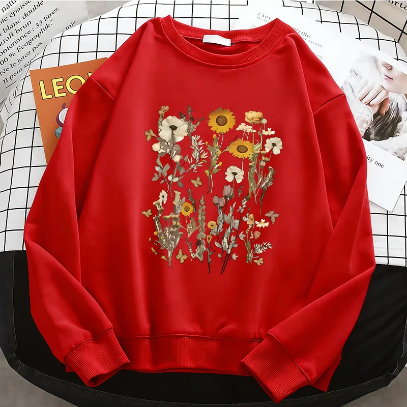 90s Vintage Flower Gothic Womens Hoodies Basic Warm Fleece Sweatshirt Fashion O-Neck Pullover Casual Female Clothes