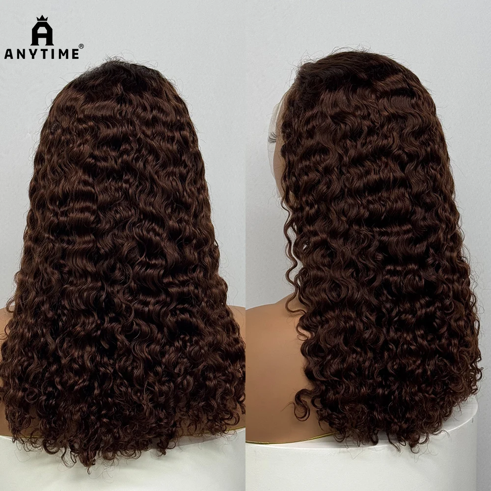 20 Inch Chocolate Brown Water Wave Curly Front Human Hair Wigs 13x4 Transparent Lace Frontal Wig 250% Density 4# Brown 99J Color